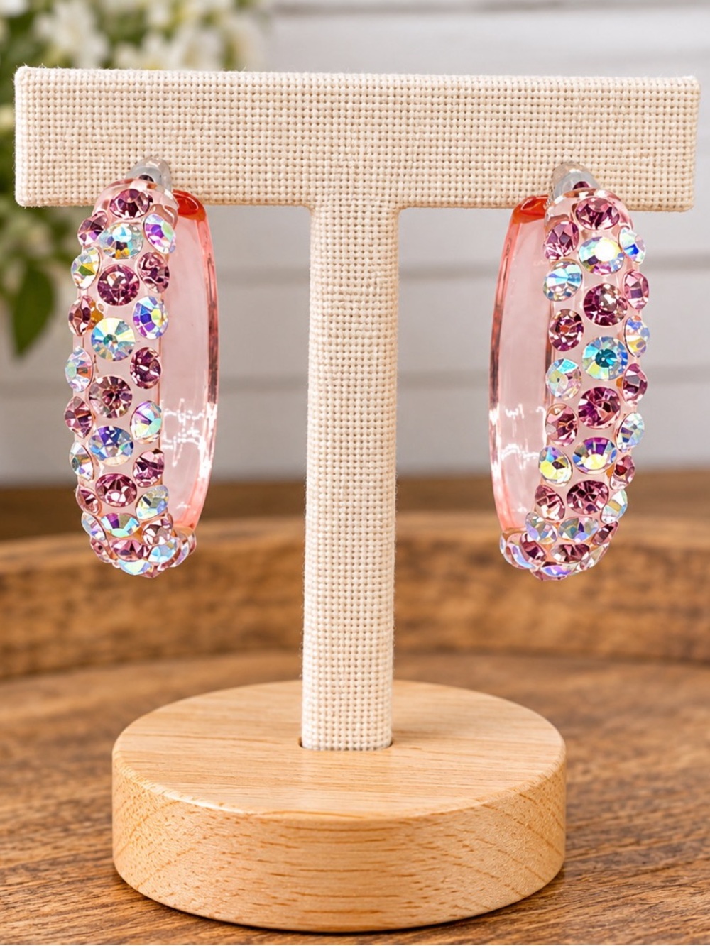 Light Pink Y2K Hoop earrings featuring rhinestone embellishments